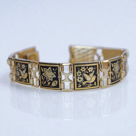 Vintage Damascene Square Link Bracelet Bird Floral Gold Black 8" Etched Spain - Picture 2 of 9